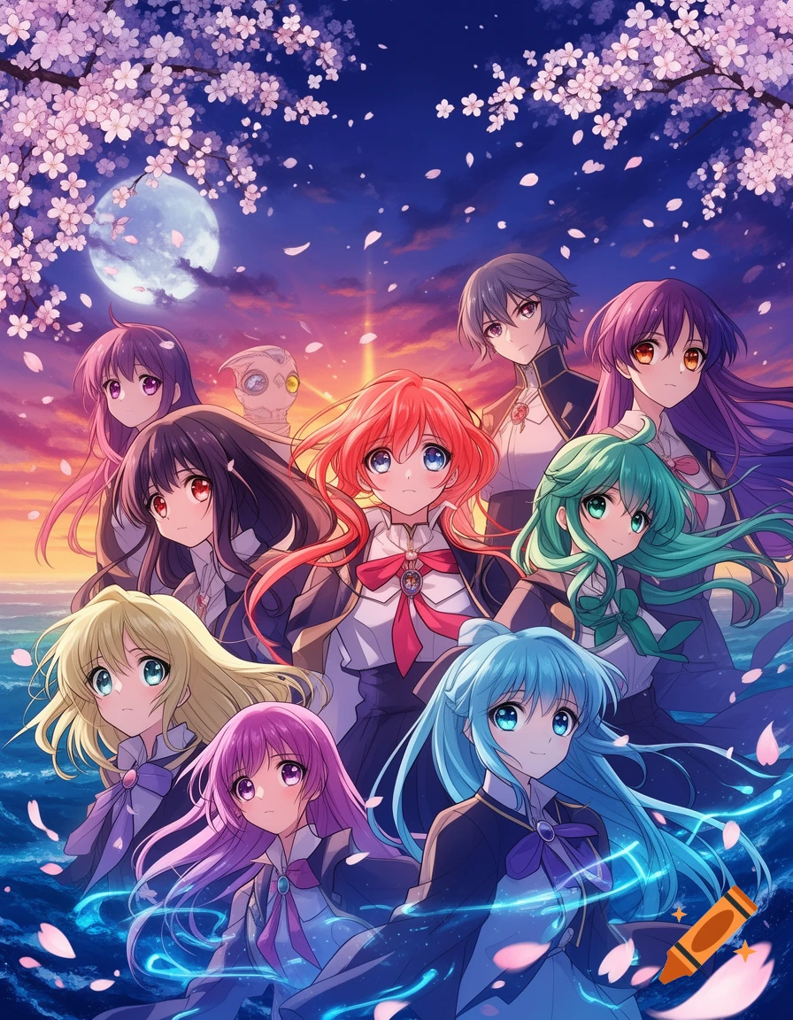 An anime illustration of several young women with colorful hair under a cherry blossom tree, full moon, and sunset sky over the ocean.
