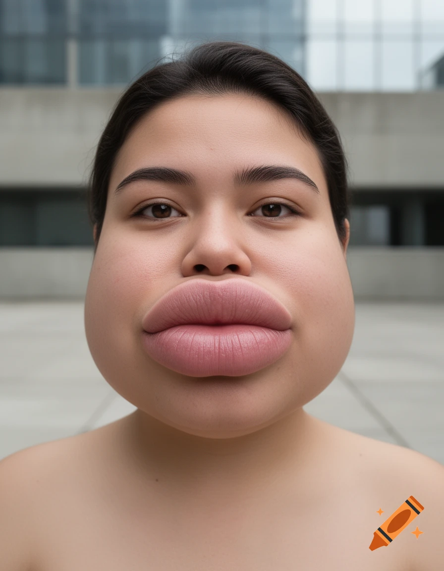 Photorealistic portrait of a person with extremely large, swollen lips and cheeks against a modern building background.