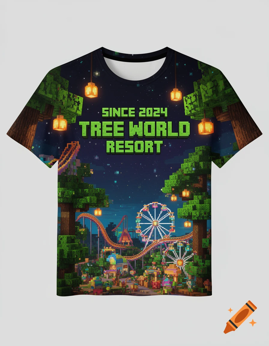 A black t-shirt with a pixel art Minecraft-style theme park design, featuring "Since 2024 Tree World Resort" text at night.
