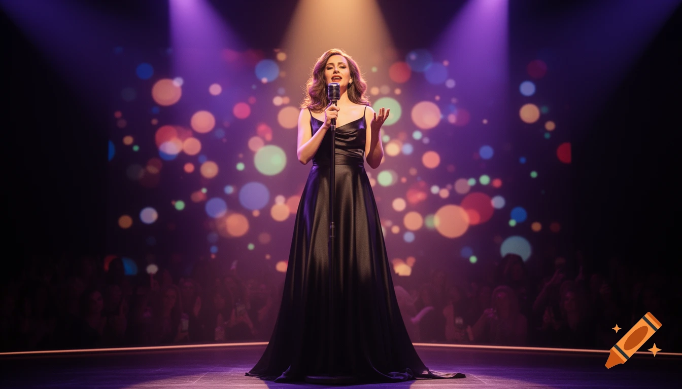 A woman in a long black dress sings into a microphone on a stage under spotlights with a colorful bokeh background.