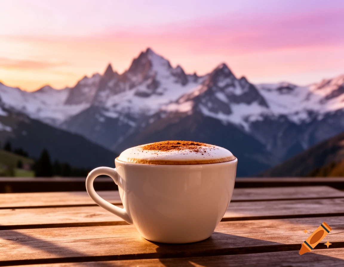 A frothy cappuccino topped with cinnamon sits on a wooden table, overlooking snow-capped mountains under a vibrant orange and purple sunset sky in a photorealistic style.