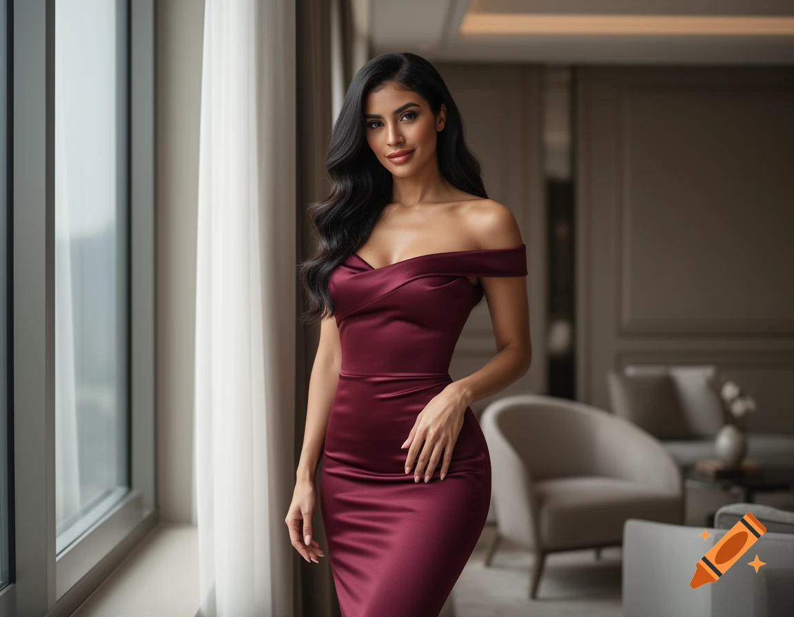 A beautiful woman with long dark hair in a burgundy off-the-shoulder dress stands elegantly by a window in a luxurious room.