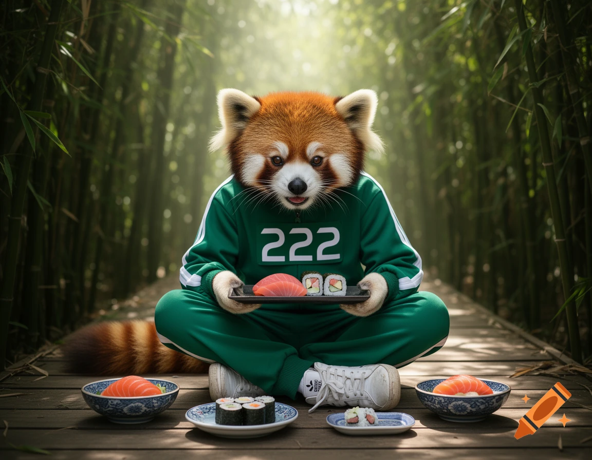 A photorealistic red panda in a green '222' tracksuit and white sneakers sits on a wooden path in a bamboo forest, holding sushi.