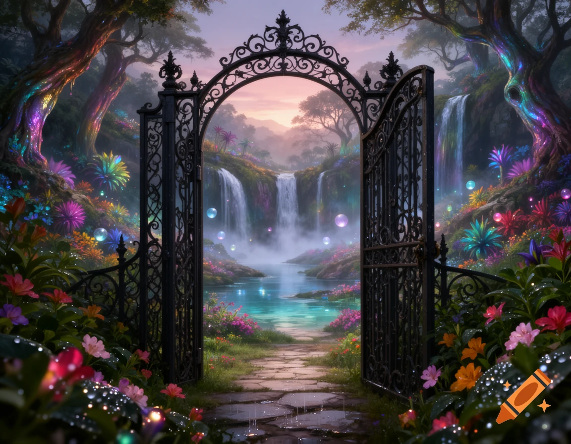 An ornate black gate opens to a vibrant fantasy garden with glowing trees, colorful plants, multiple waterfalls, and a tranquil pond.