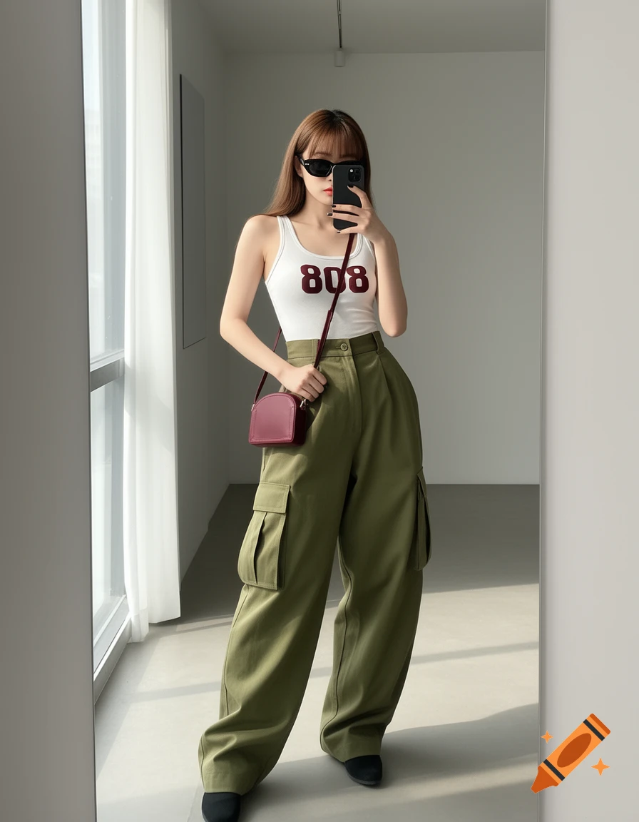 A Korean girl taking a mirror selfie, wearing a white tank top with '808', khaki cargo pants, sunglasses, and a red handbag.