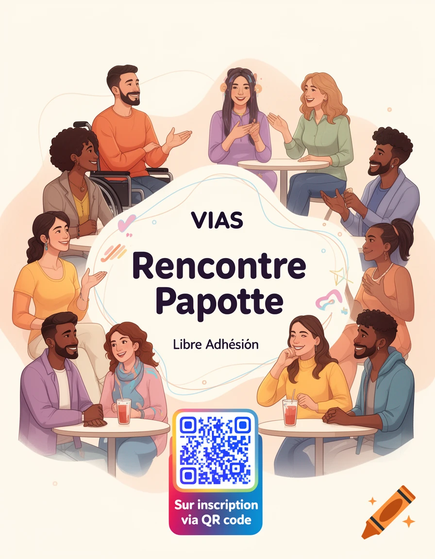 An illustration of diverse young adults, including a person in a wheelchair, socializing at tables. Text reads "VIAS Rencontre Papotte" and "Sur inscription via QR code" with a QR code.