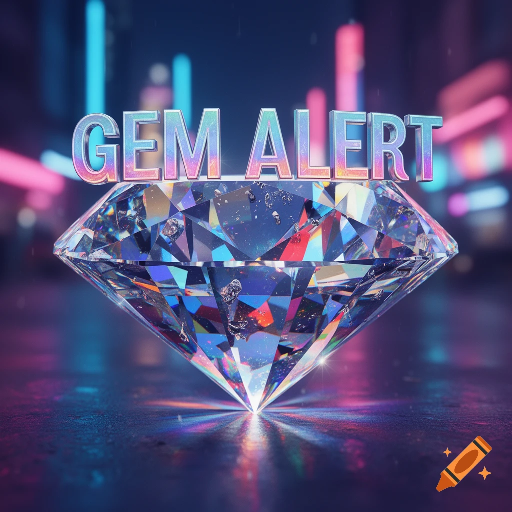 A sparkling, colorful diamond with the glowing text 'GEM ALERT' above it, set against a blurred neon city background.