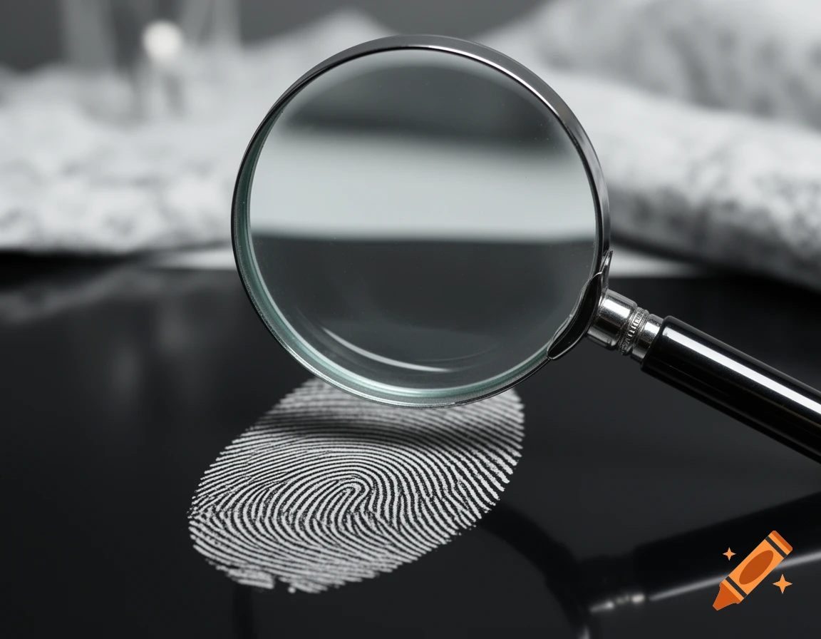 Close-up of a magnifying glass over a white fingerprint on a dark, reflective surface.