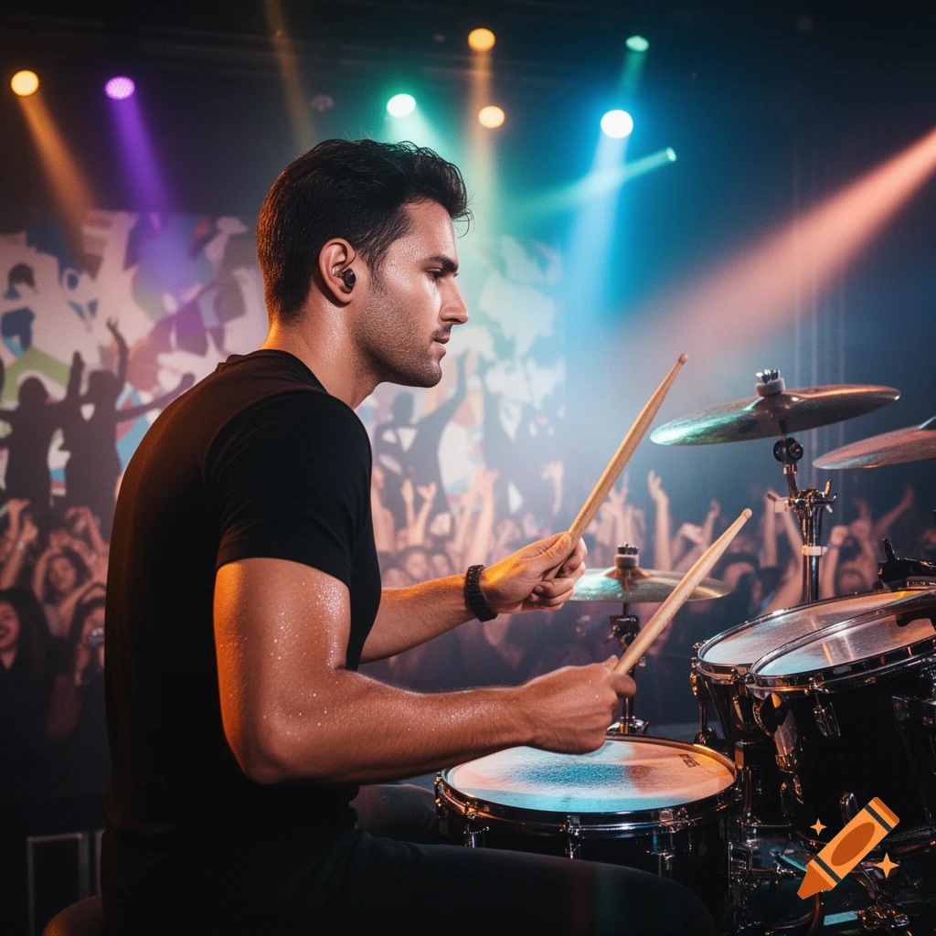 A male drummer plays on a vibrant stage under colorful lights, with a blurred crowd in the background.