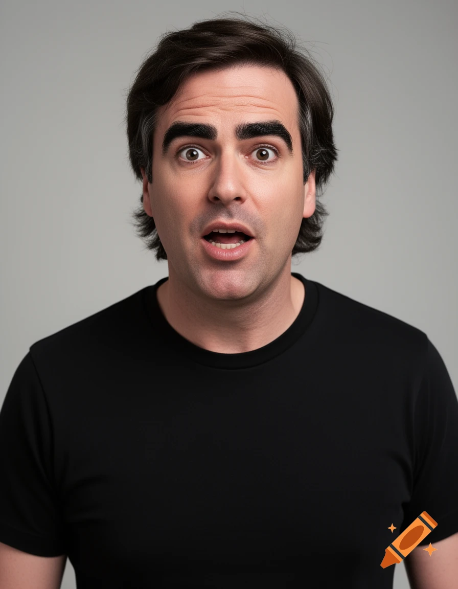 Photorealistic portrait of a man with wide eyes, big eyebrows, and an open mouth, wearing a black t-shirt against a grey background.