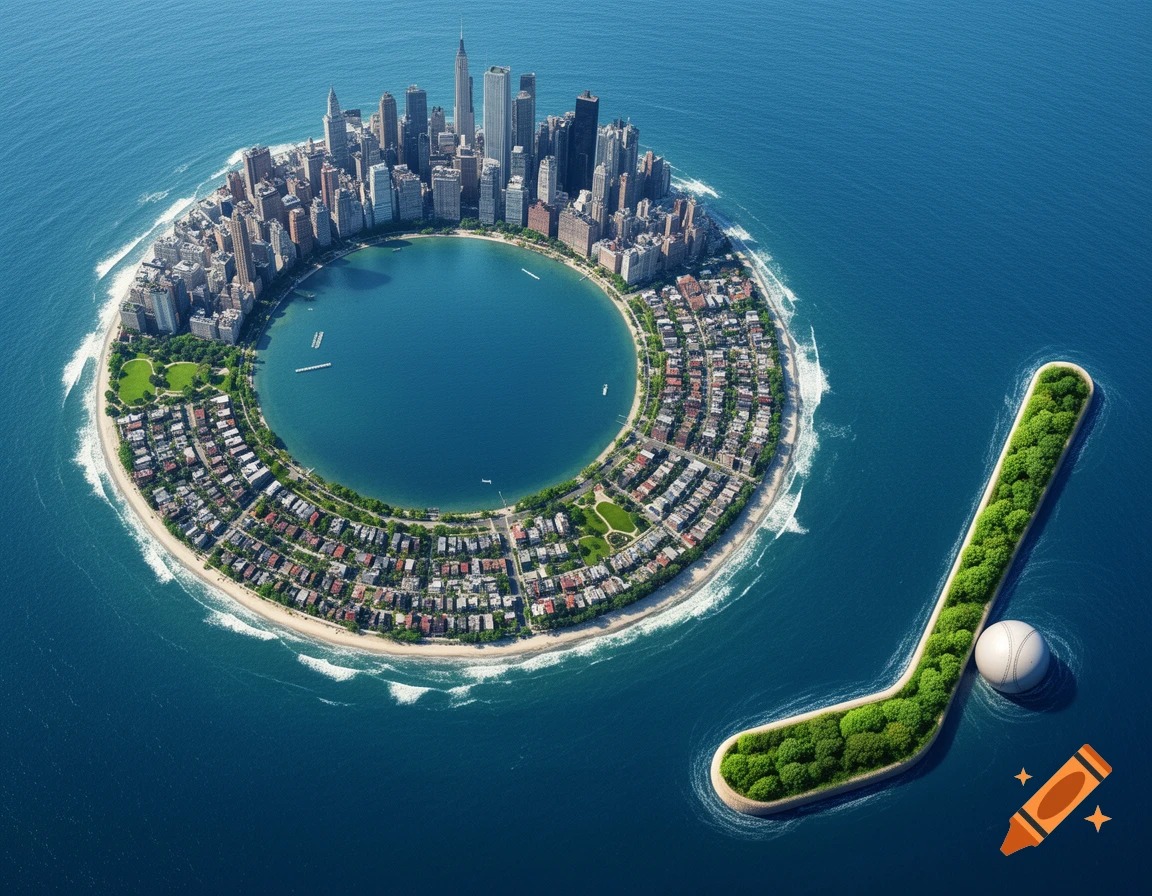 Aerial view of a circular island city and a separate green island shaped like a hockey stick with a baseball, all in blue water.