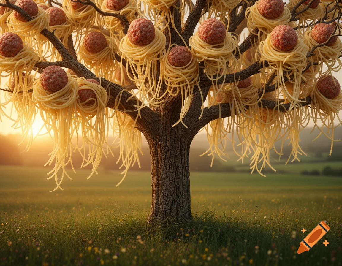 A tree with spaghetti nests holding meatballs, bathed in golden sunlight in a grassy field.