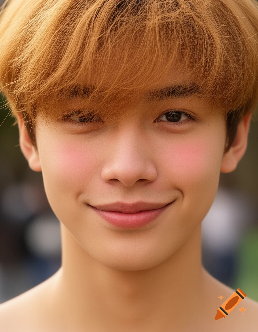 A close-up photorealistic portrait of a young person with golden-brown hair, rosy cheeks, and a subtle smile.