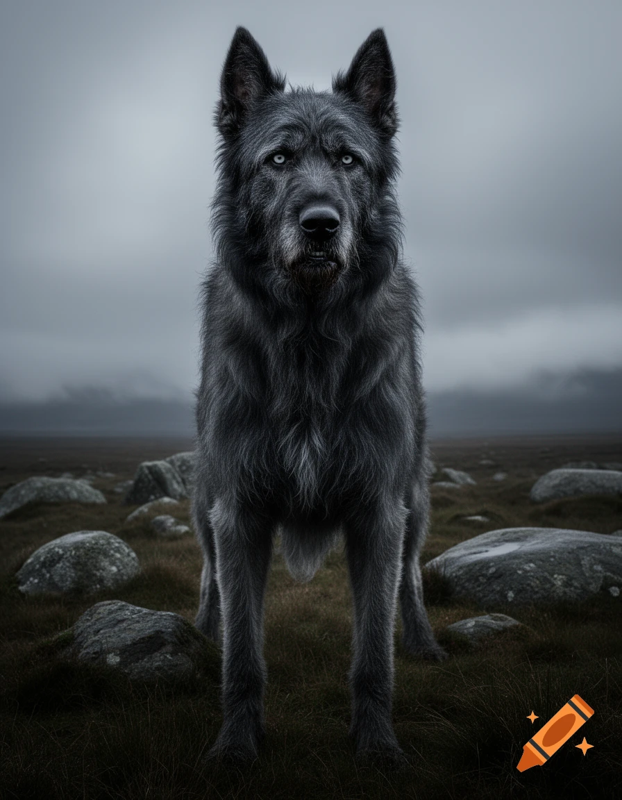 A large, dark-furred dog with piercing blue eyes stands in a desolate, rocky landscape under a cloudy sky.