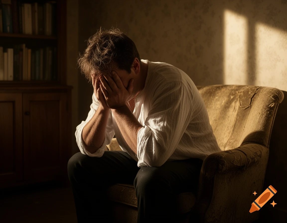 A man sits slumped in an old armchair, hands covering his face in despair, in a dimly lit room with a bookcase.