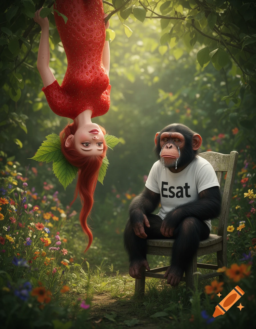 A strawberry-woman hangs upside down from a tree branch in a vibrant, flowery forest. A crying chimpanzee in a white t-shirt sits on a chair watching her.