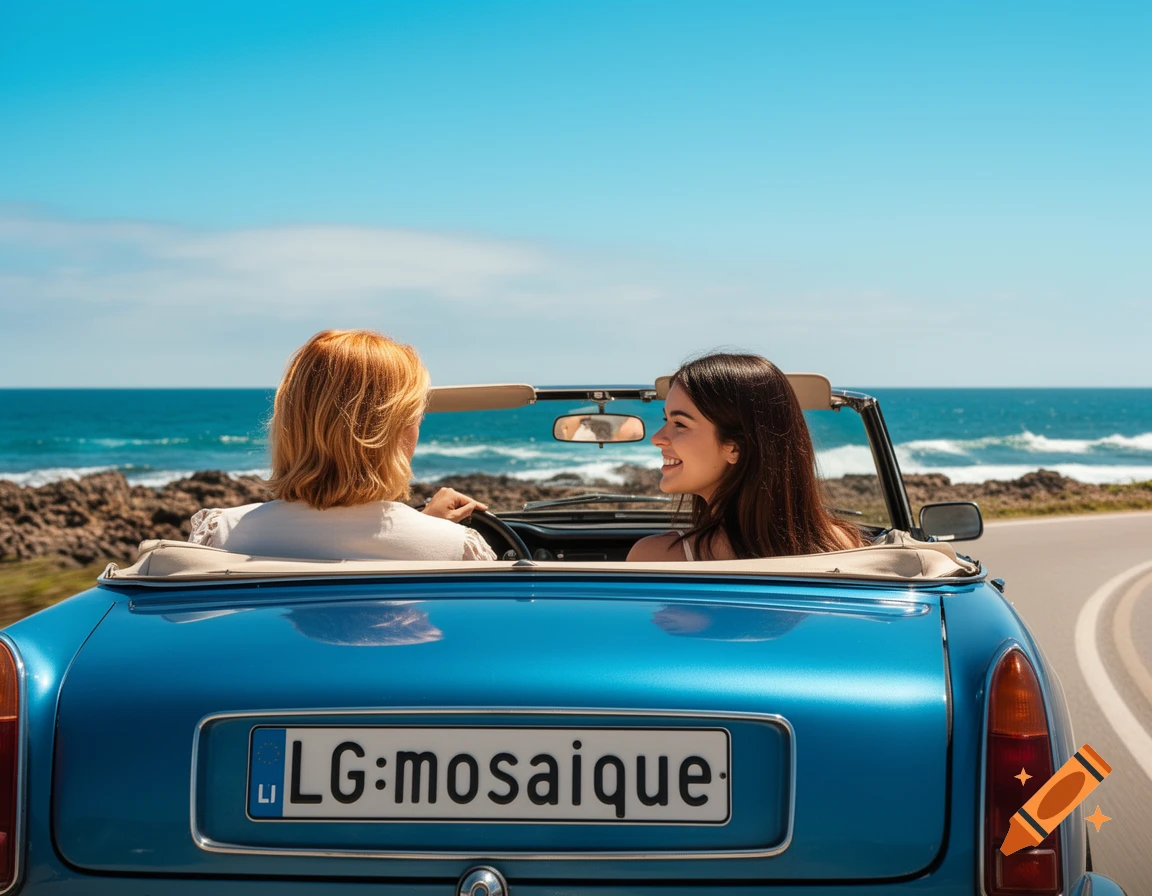 Two women drive a blue convertible car along a sunny coastal road next to the ocean, one looking at the other and smiling. Photorealistic.
