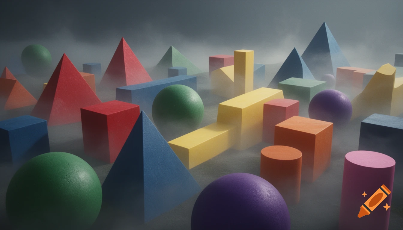 A hyper-realistic 3D render of colorful geometric shapes including cubes, spheres, cylinders, and pyramids emerging from dense fog.