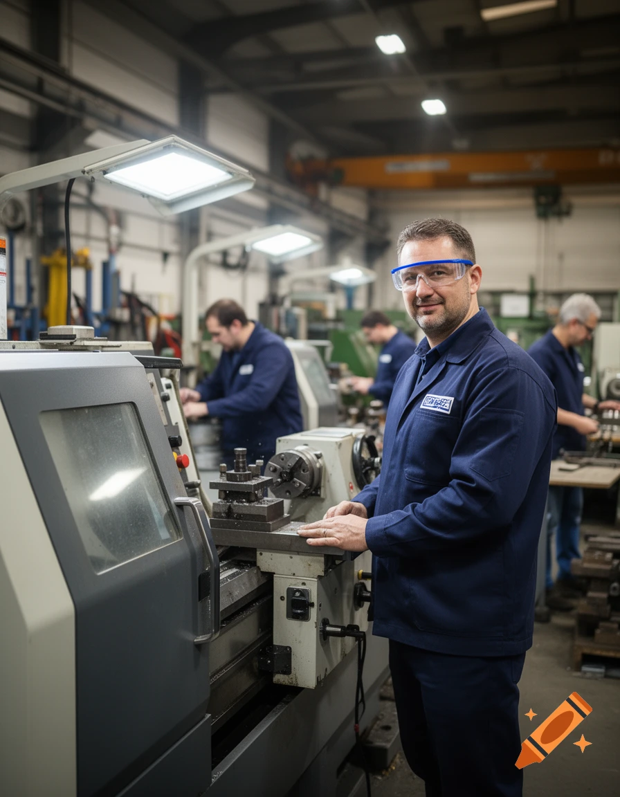 A man wearing safety glasses and a blue uniform smiles while operating a CNC lathe machine in a busy factory. Photorealistic style.
