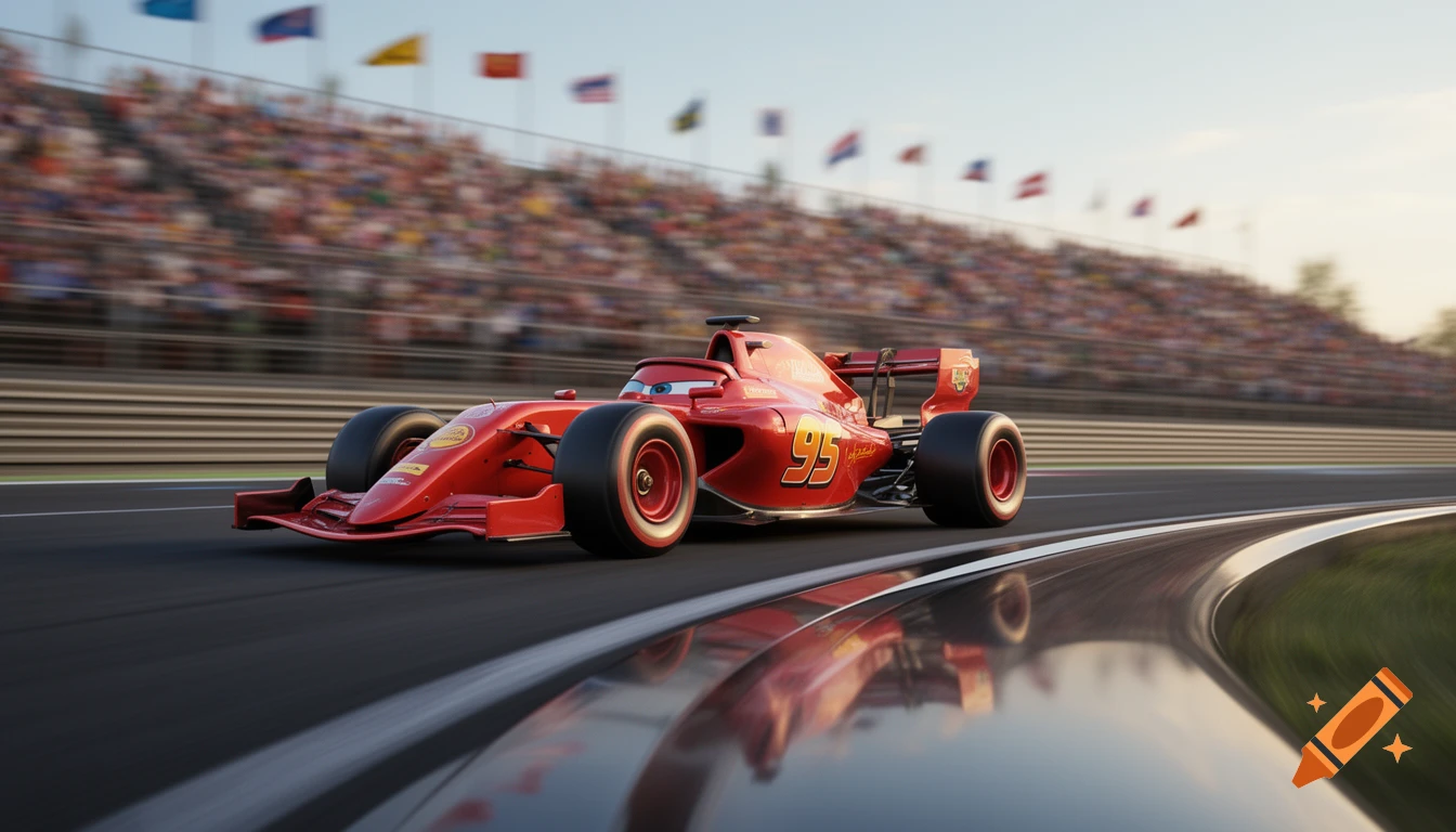 A photorealistic red F1 race car, designed as Lightning McQueen with "95" on its side, speeding around a track with blurred spectators.