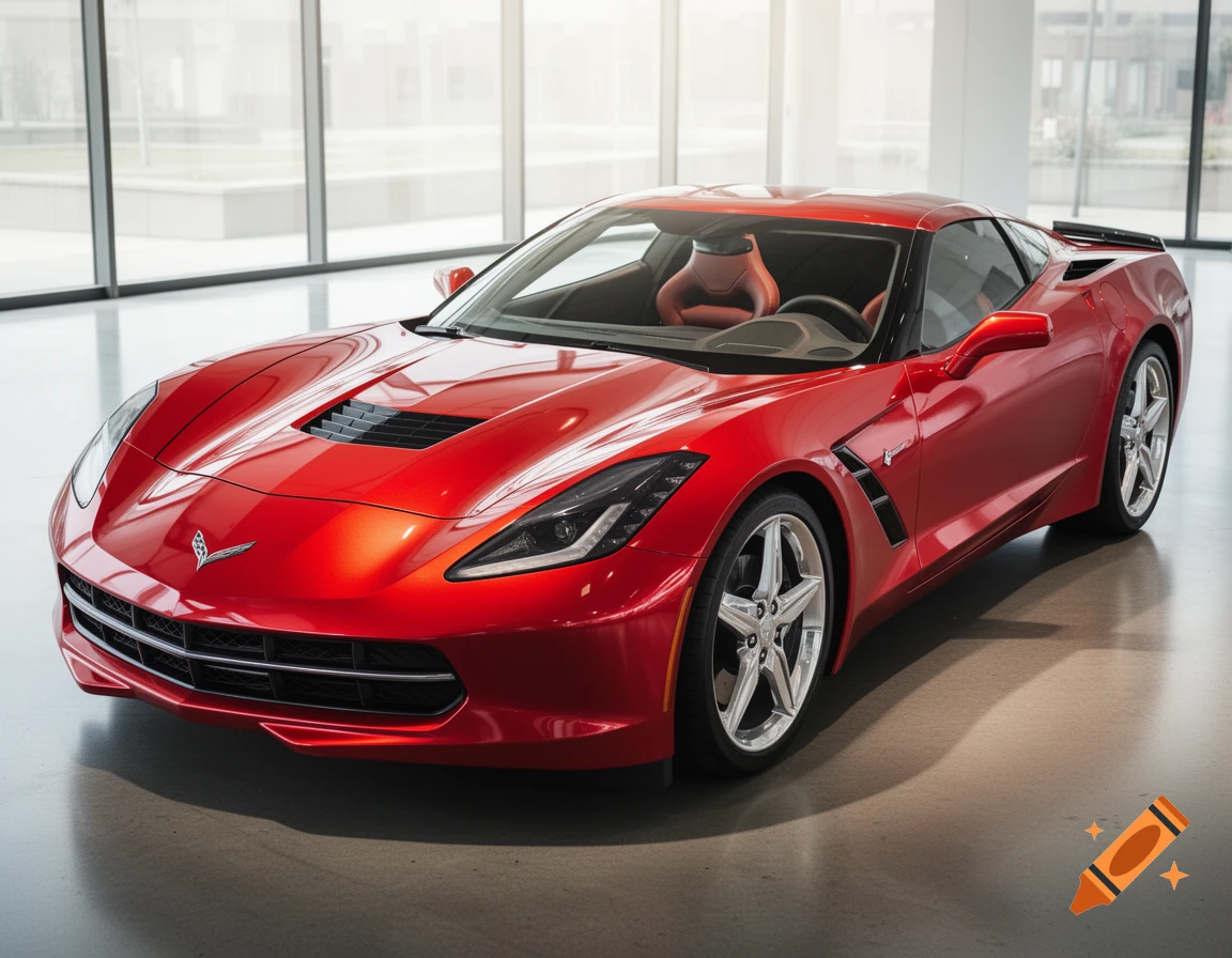 A red Chevrolet Corvette C7 sports car parked in a modern showroom with large windows.