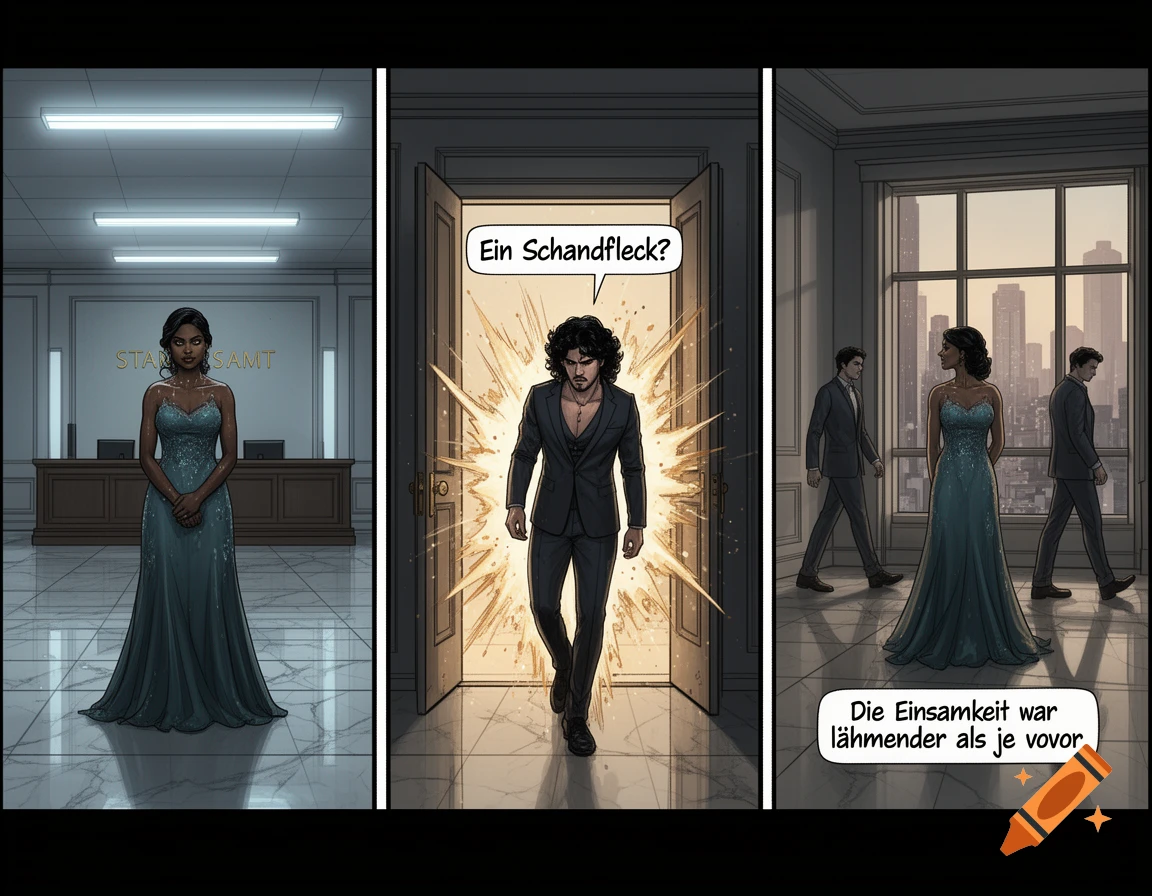 A three-panel comic. Panel 1: A woman in a blue dress stands in an office with a misspelled "STAM SAMT" sign. Panel 2: A man in a suit emerges from a door. Panel 3: The woman and two men in suits in a room with a city view. Text bubbles read "Ein Schandfleck?" and "Die Einsamkeit war lähmender als je vovor."