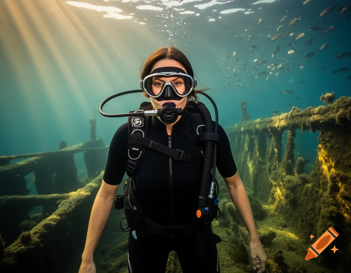 A woman in a black wetsuit and scuba gear dives underwater, with sunlight rays hitting a sunken structure.