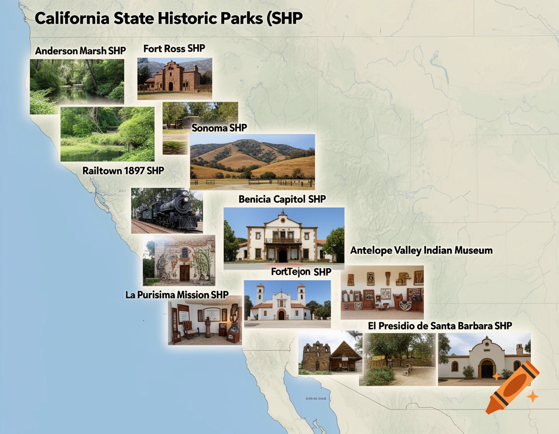 Map of California showing various State Historic Parks with small photographs of each, including landscapes and historic buildings.