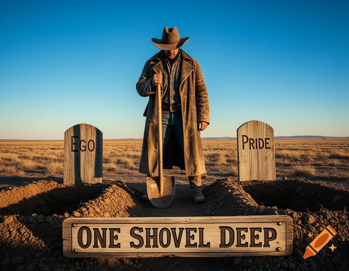 A cowboy with a shovel stands between two graves marked 'Ego' and 'Pride' in a desert, with a sign 'ONE SHOVEL DEEP'.