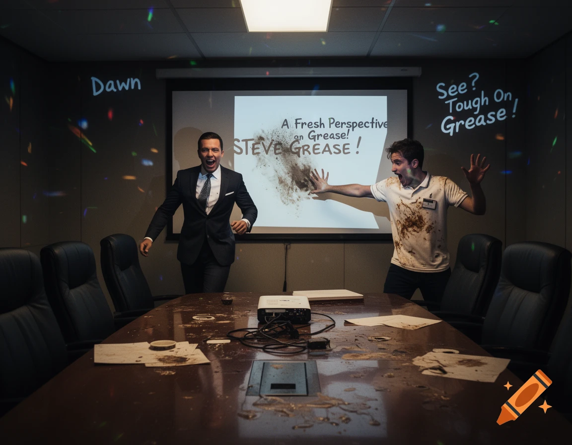 Two men react dramatically in a messy boardroom. One in a suit shouts, while a grease-stained intern recoils from a screen displaying 'A Fresh Perspective on Grease!'