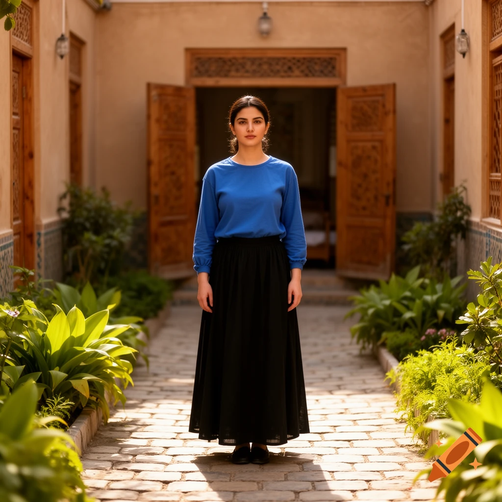 A woman in a blue blouse and long black skirt stands in a sunny stone courtyard between green plants and carved wooden doors.