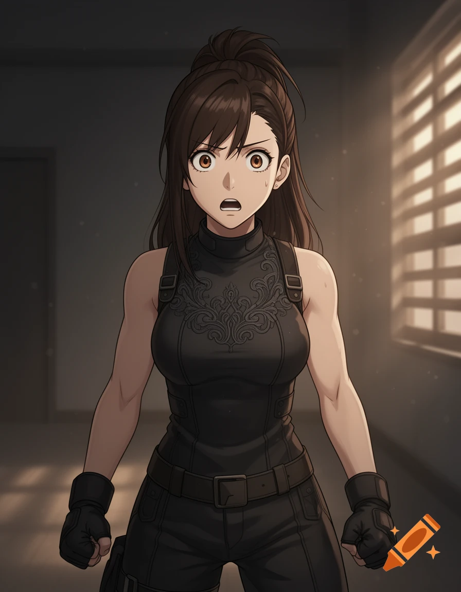 An anime character with dark hair tied in a ponytail, wearing a black top and pants, looks surprised or scared in a dimly lit room with window blinds.