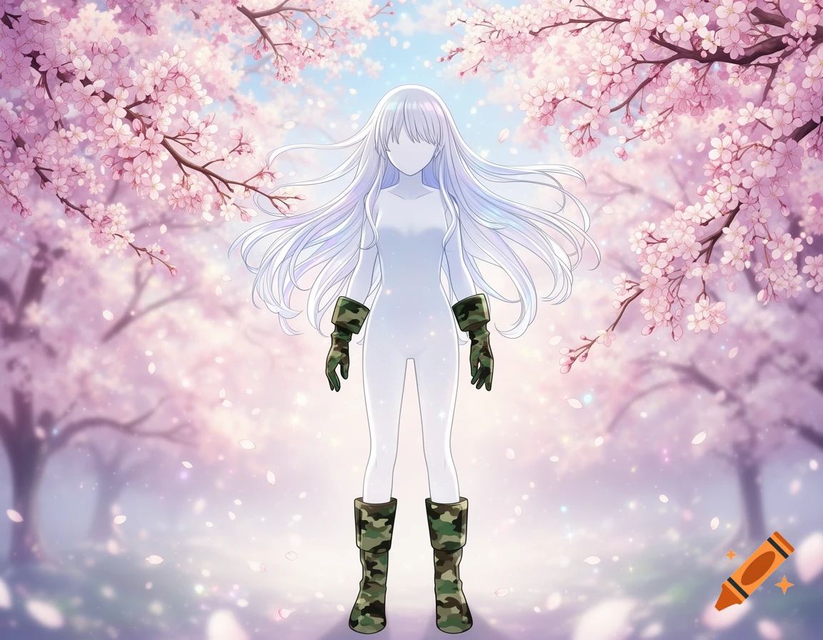 Anime illustration of a featureless white humanoid character with long hair, wearing military gloves and boots, standing under cherry blossom trees.