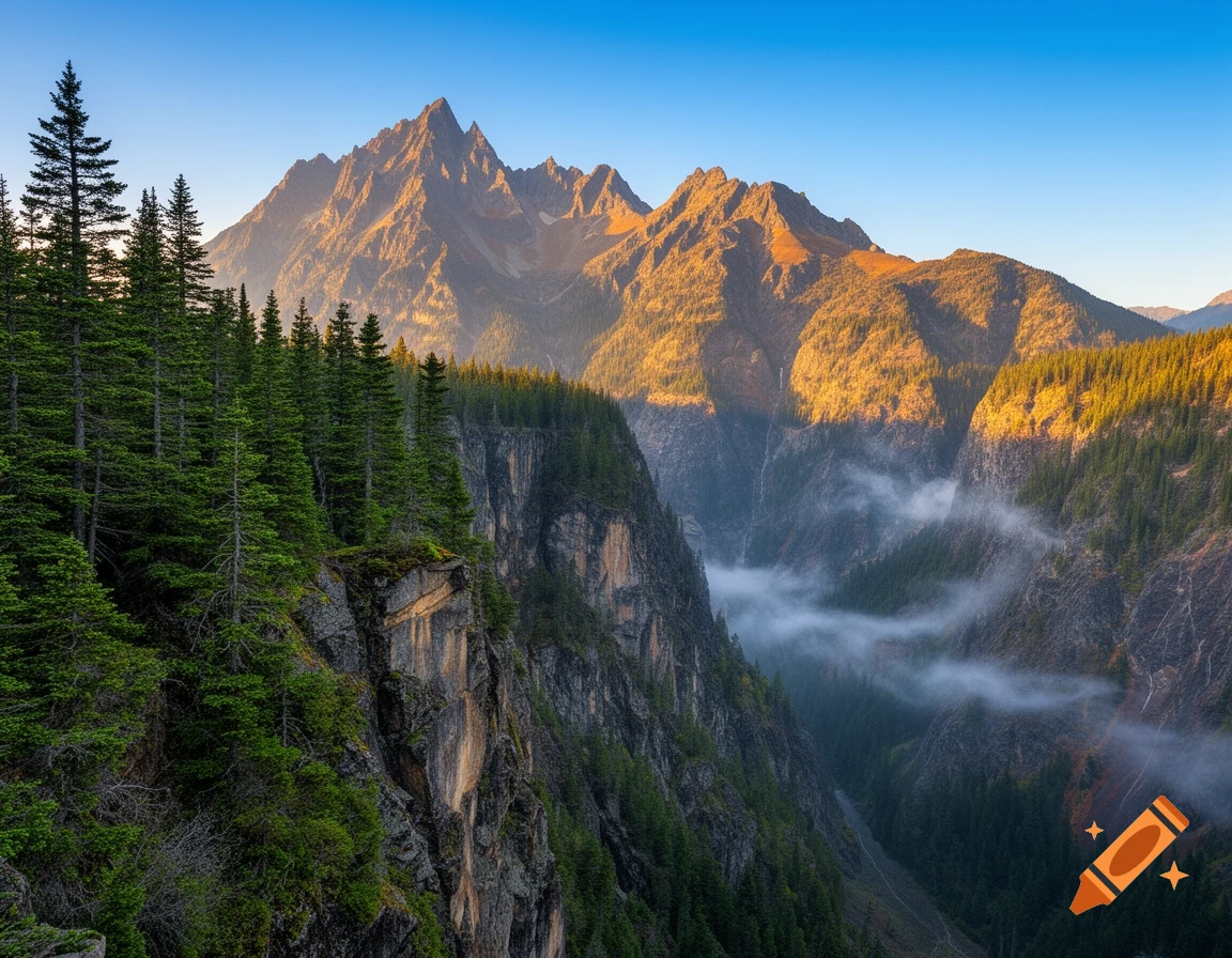 Photorealistic landscape of a vast mountain range with a deep gorge, lush green forests, and misty valleys under a clear sky.
