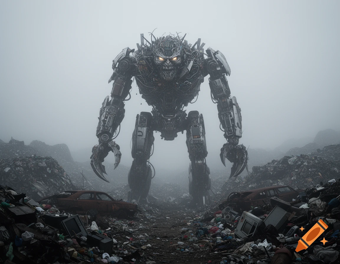A colossal, menacing bipedal robot with glowing eyes stands in a foggy, photorealistic landfill filled with trash and old cars.