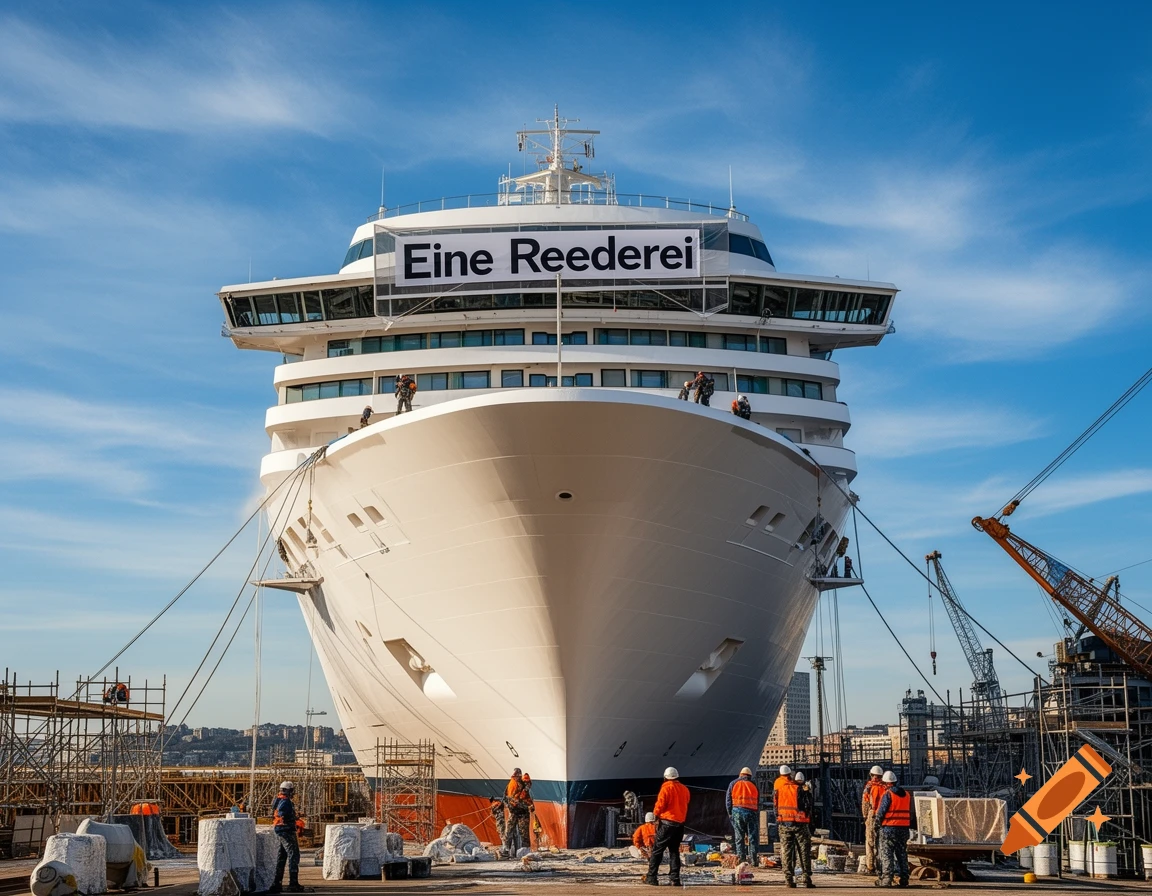 A large white cruise ship with a banner reading "Eine Reederei" docked in a shipyard, with workers in orange vests preparing to work on it under a blue sky.