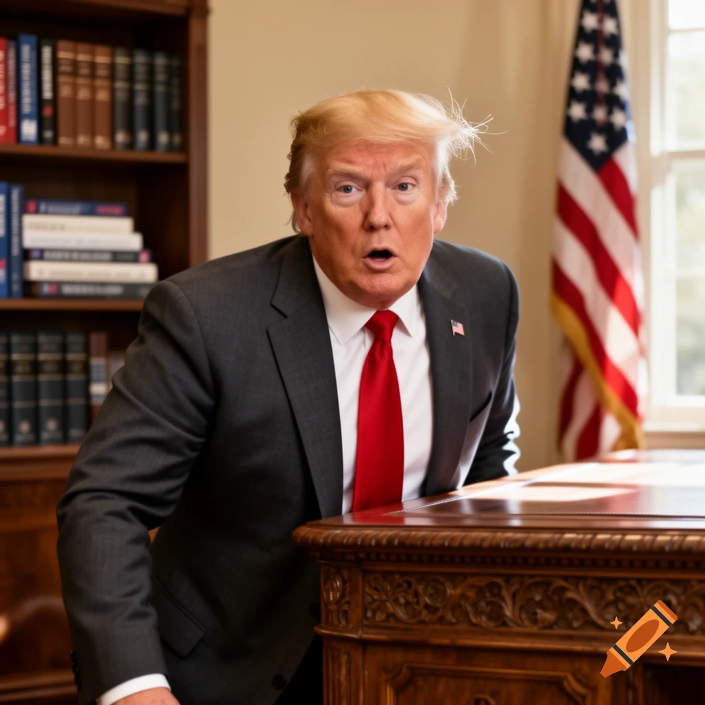 Donald Trump looks surprised, standing in a formal office with a bookshelf and American flag in the background, photorealistic style.