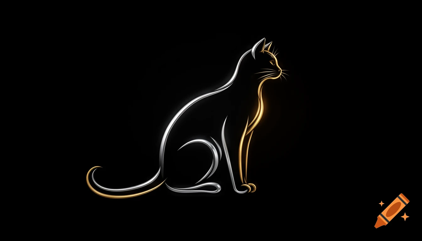 A stylized cat silhouette outlined in shimmering silver and gold lines on a black background.