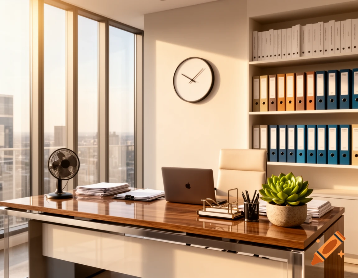 A sunlit modern office with a wooden desk, laptop, plant, fan, and a bookshelf full of binders, overlooking a city skyline.
