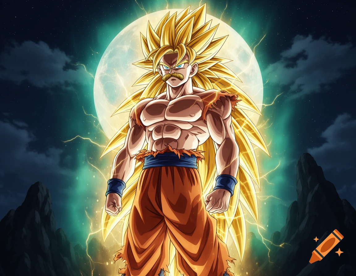 Super Saiyan 3 Goku with a mustache stands powerfully against a full moon with lightning, in anime style.