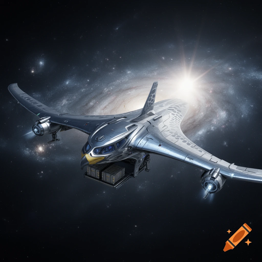 A sleek, silver falcon-shaped spaceship with blue cockpit windows and two cargo containers flies through a starry galaxy with a bright nebula.
