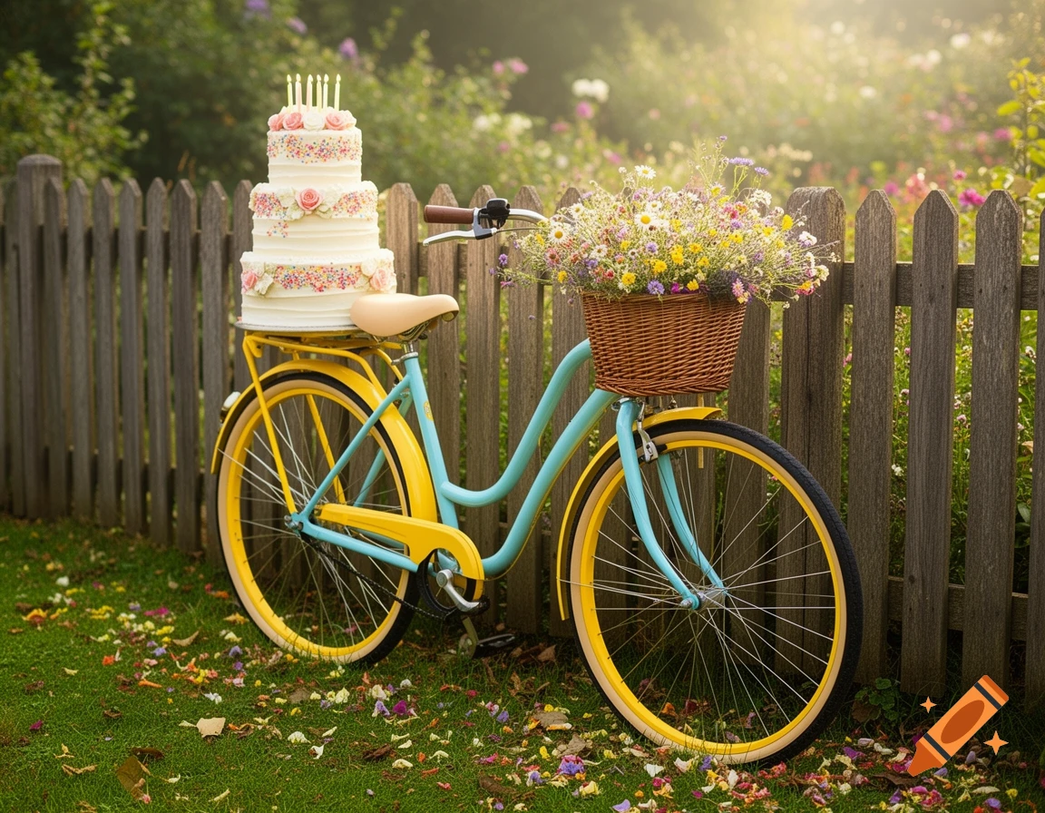 A light blue and yellow bicycle leans against a wooden fence, carrying a tiered birthday cake and a basket of wildflowers in a sunny garden.