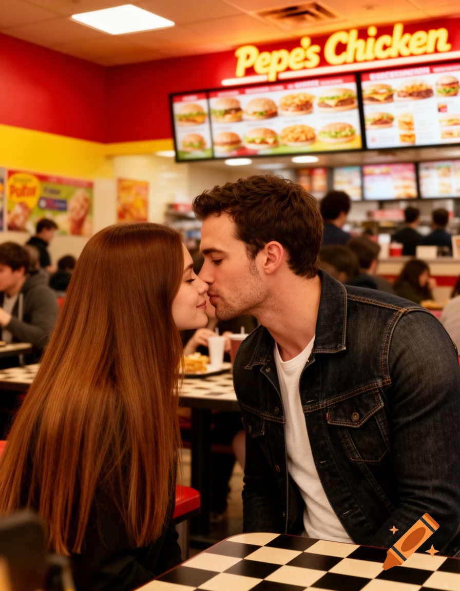 A man and woman kiss at a table in a fast-food restaurant, with a 'Pepe's Chicken' sign visible.
