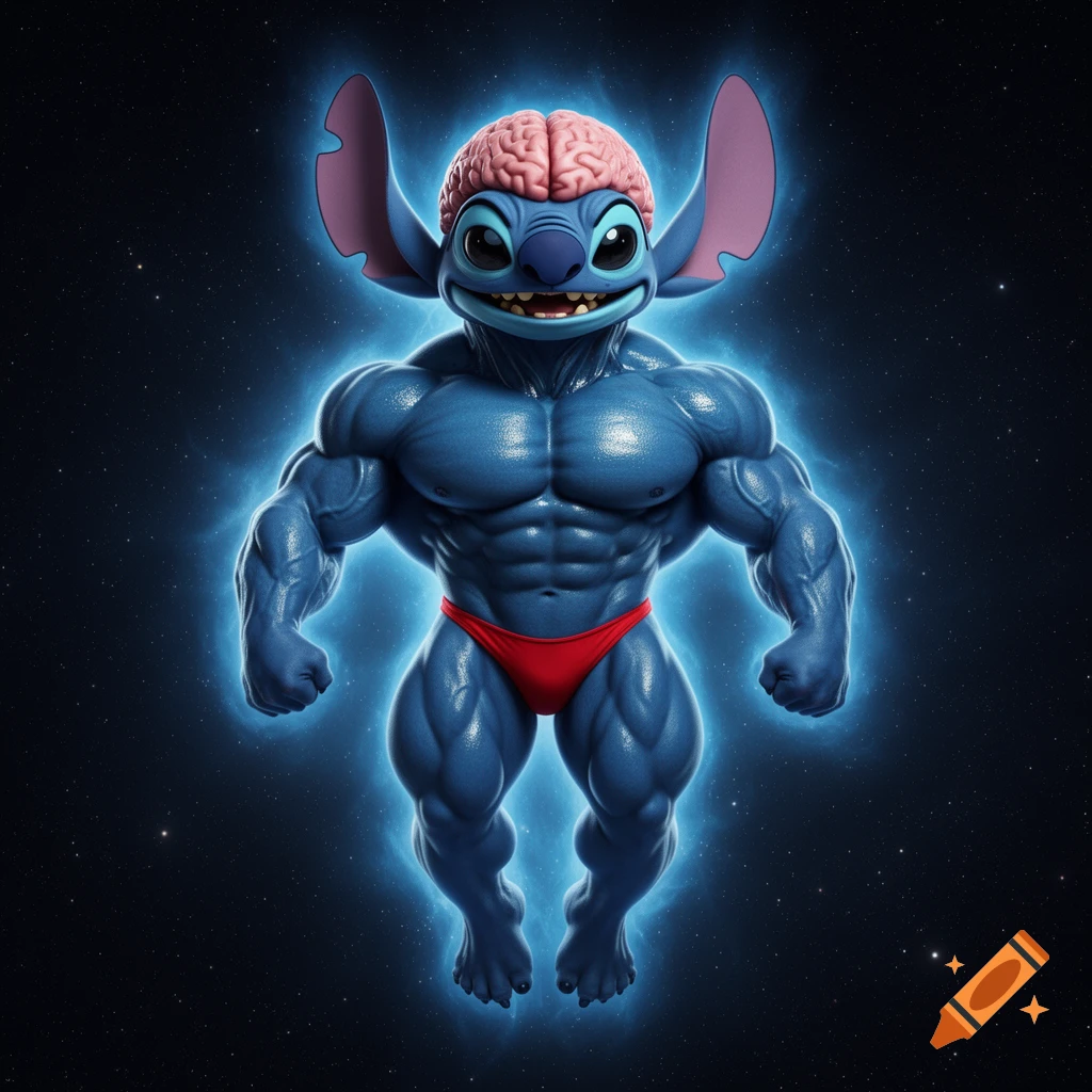 Muscular Stitch from Lilo & Stitch, with an exposed brain, wearing a red thong, floating in space with a blue aura.