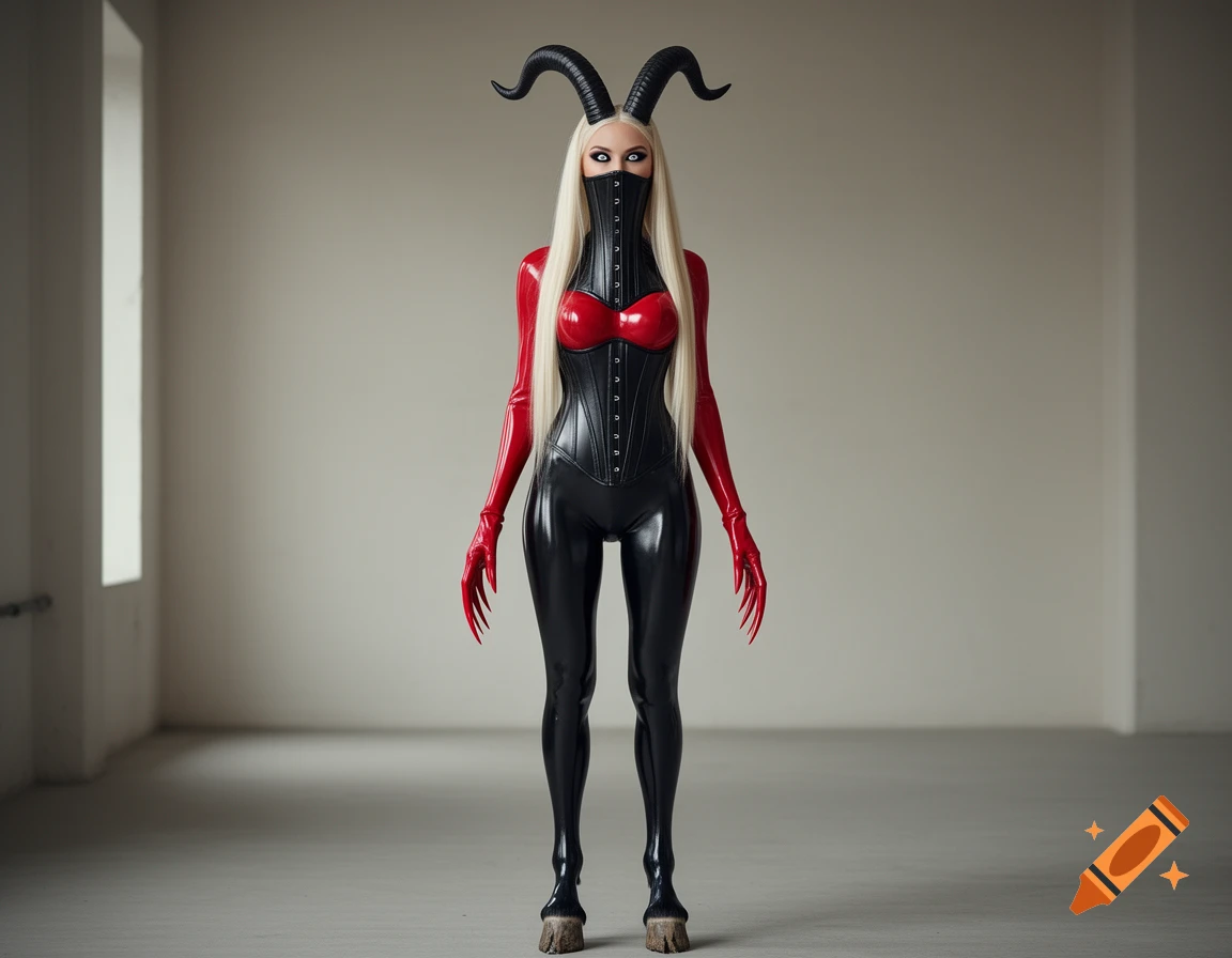 A woman with long blonde hair, black horns, and hooves, wearing a red and black latex suit with a corset and long red clawed gloves, stands in a minimal room.