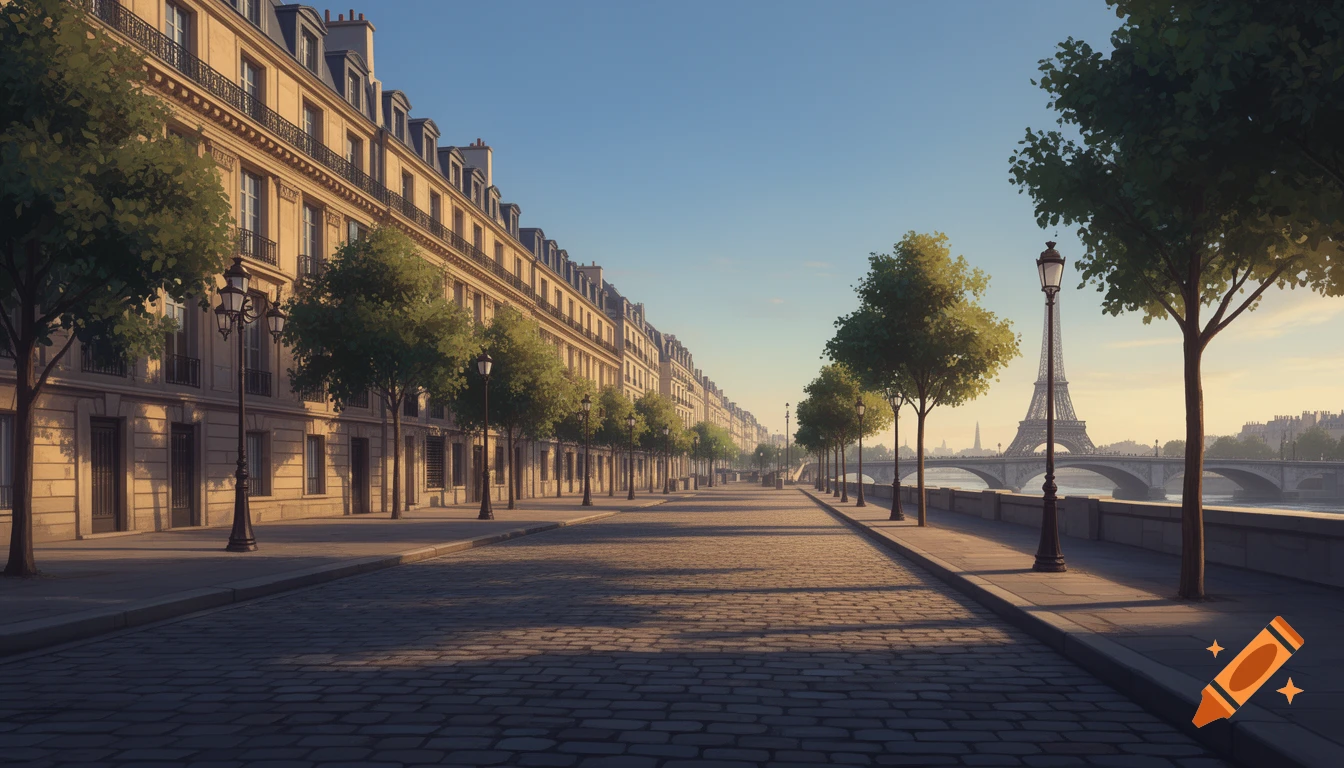 A wide, semi-realistic painting of a Parisian street with Haussmann buildings, trees, streetlamps, and the Eiffel Tower in the distance.