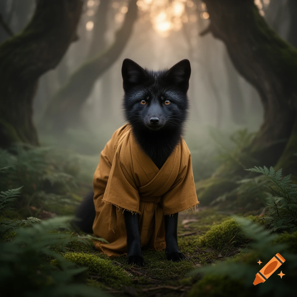 A black fox in a brown monk's robe sits on mossy ground in a misty forest, looking forward with bright eyes.