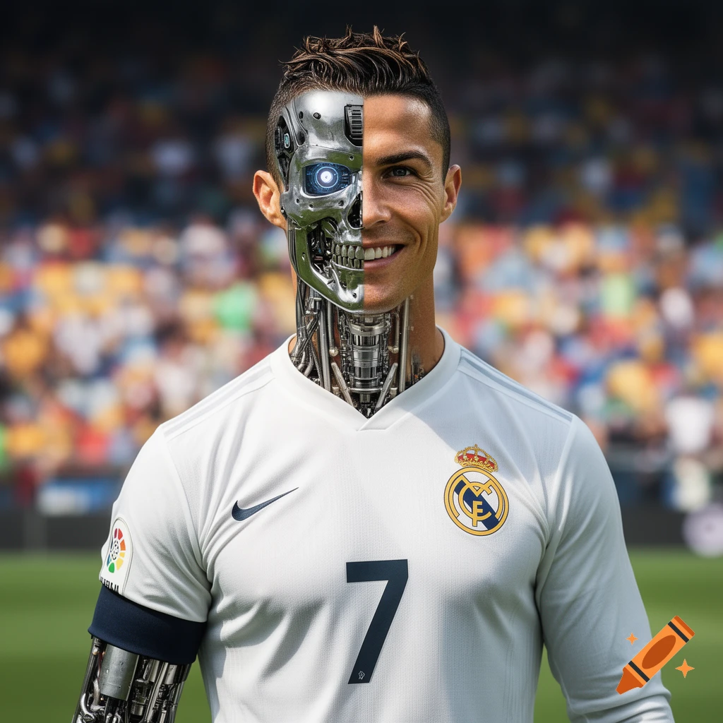 Cristiano Ronaldo as a smiling half-human, half-Terminator cyborg in a white Real Madrid jersey with the number 7 on a football field.