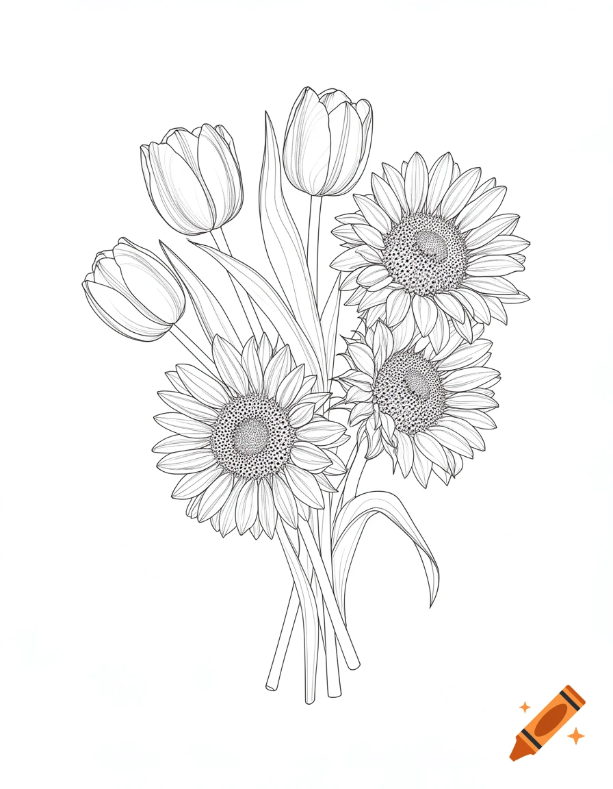 Fineline drawing of a bouquet with three tulips and three sunflowers on a white background.