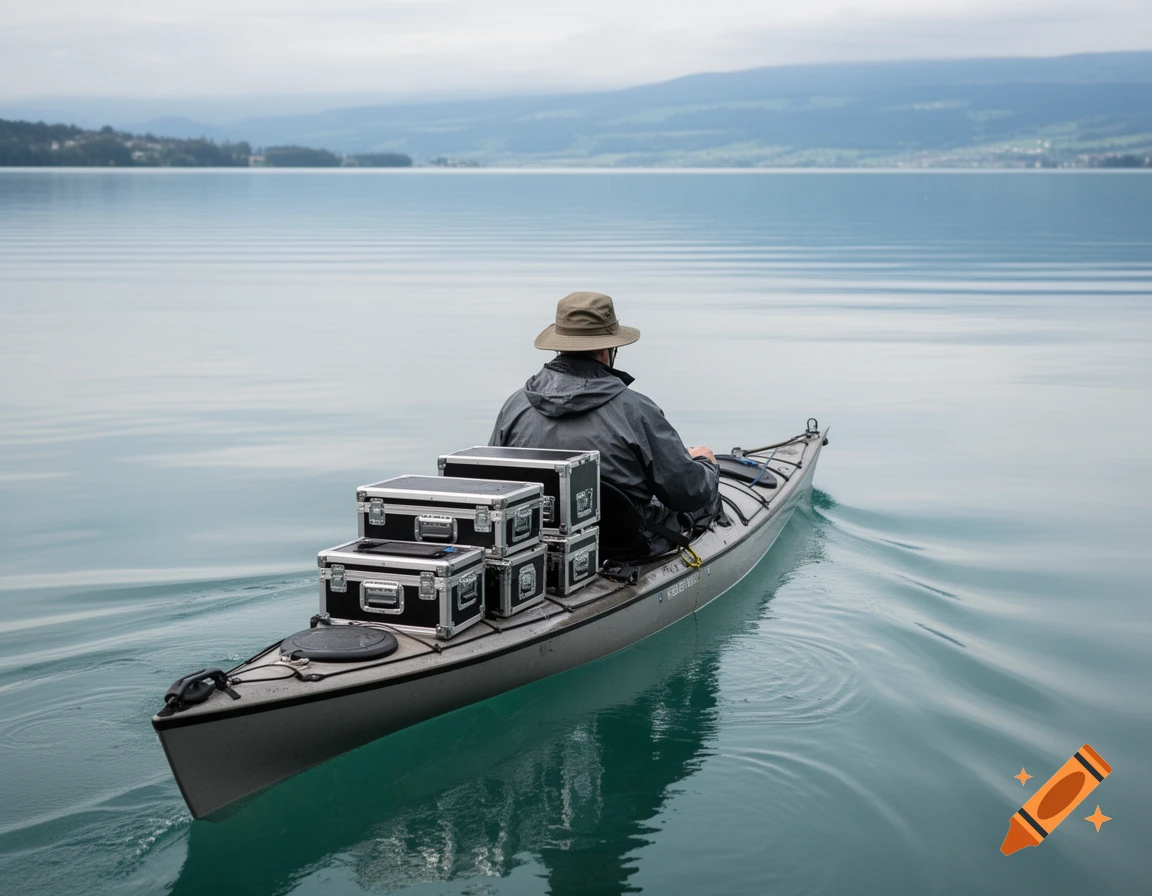 A person in a hat and jacket paddles a kayak loaded with black equipment cases on a calm lake with mountains in the distance.
